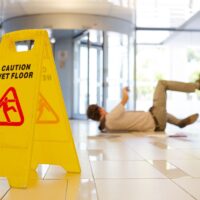 Businessman slipping on wet office floor.