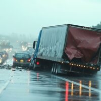 A semi-trailer truck crashed on a wet freeway.